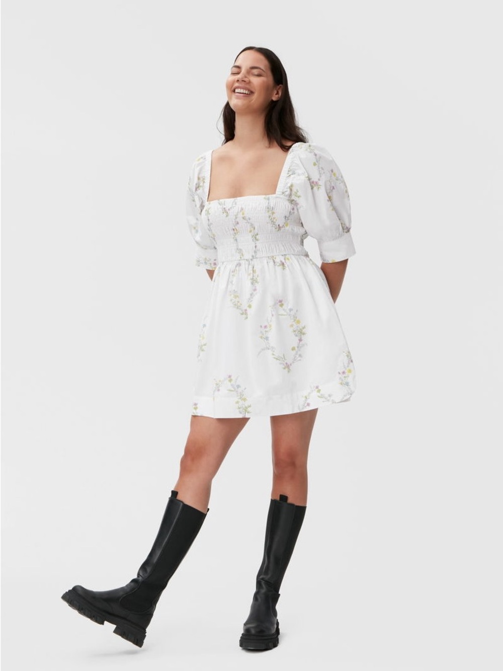 Ganni Floral Smocked Puff-Sleeve Mini Dress